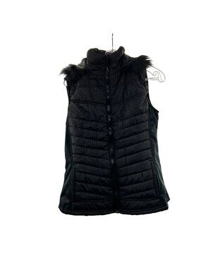 IOS Apparel Women's Quilted Vest Hooded Faux Fur Trim Black Size Large